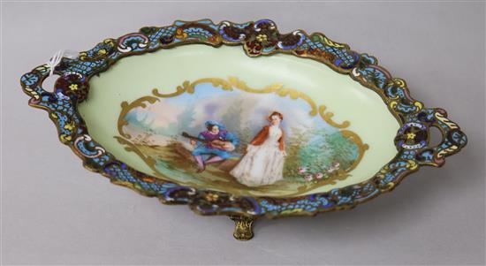 An enamel mounted porcelain dish on stand